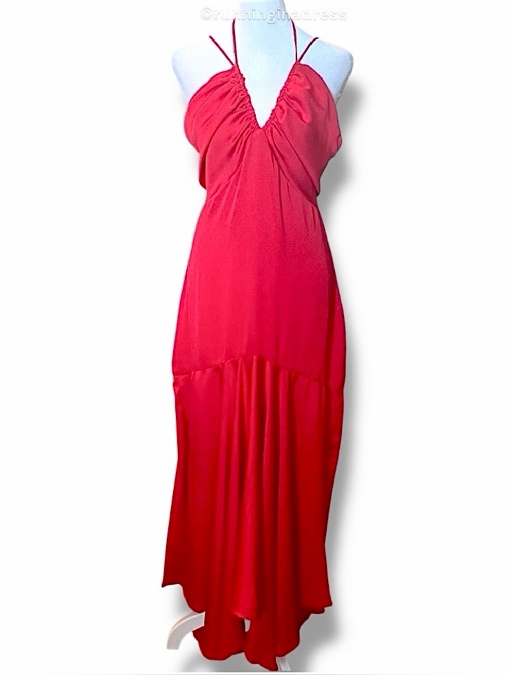 Free People X DELFI Dia Red Satin Halter Drop Waist Retro Midi Dress Size L NWOT - Picture 2 of 13